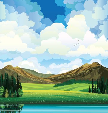 Sammer landscape with meadow, forest, mountais and lake clipart