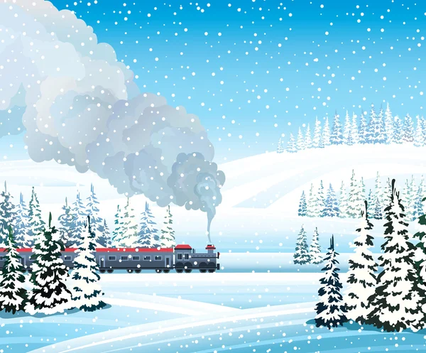 火车与烟雾和冬季风景. — 图库矢量图片