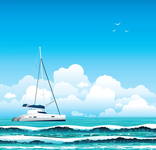 Yacht et mer avec vagues — Image vectorielle