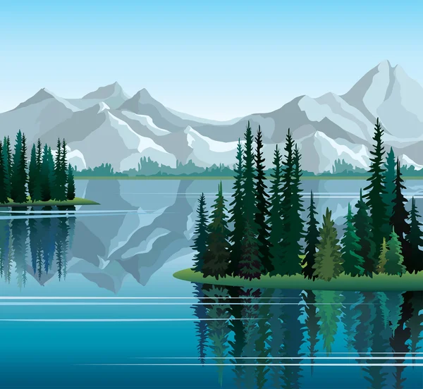 Pine trees reflected in water with mountains — Stock Illustration Pine trees reflected in water with mountains Vector Graphics