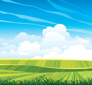Group of clouds and green field on a blue sky. clipart