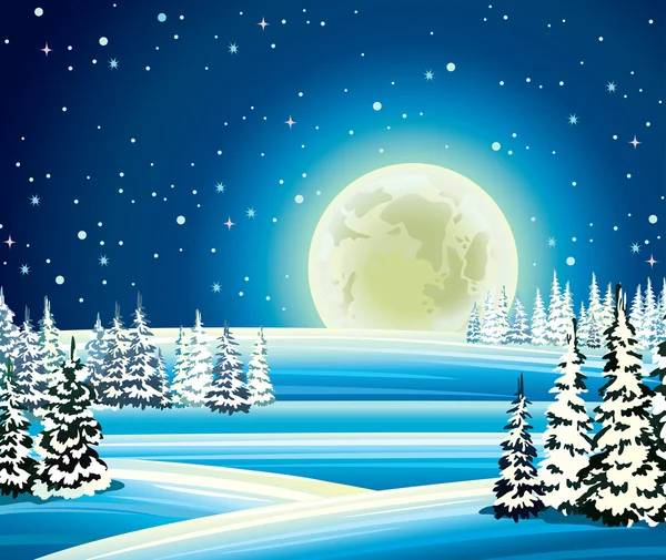 Lua cheia e floresta nevada à noite . — Vetor de Stock