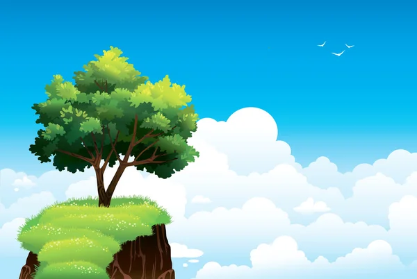 Árvore verde e rocha no céu nublado — Vetor de Stock