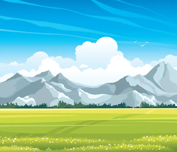 Paisaje de verano con prados y montañas — Vector de stock