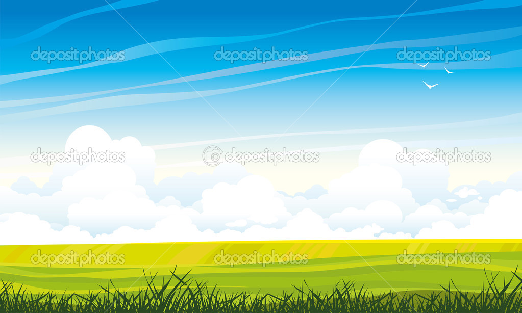 Summer landscape with meadow and clouds