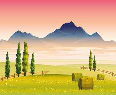 Morning landscape with green field and mountains clipart