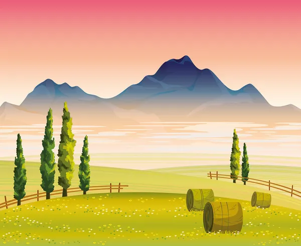 Ранковий пейзаж з зеленим полем і горами — стоковий вектор