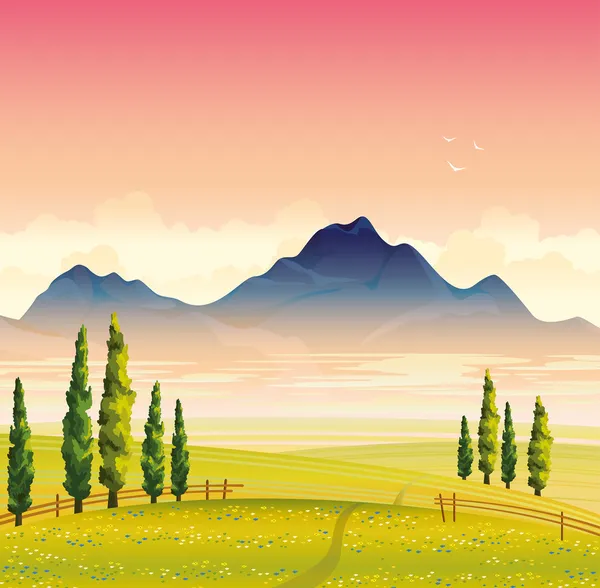 Paisaje de verano con prado verde y montañas — Vector de stock