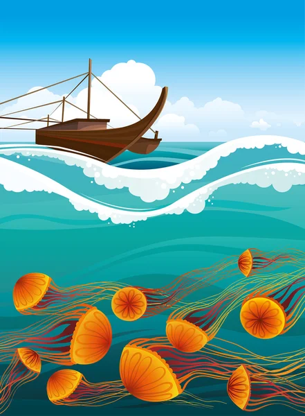 Подводная жизнь с медузами — стоковый вектор