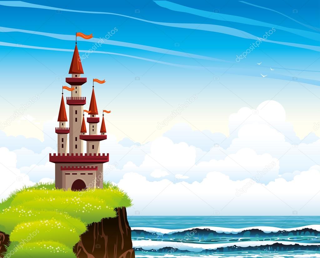 Cartoon castle standing on a cliff on a lue sea and sky.