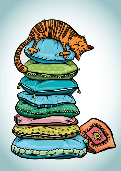 komik kedi ve yastıklar yığını