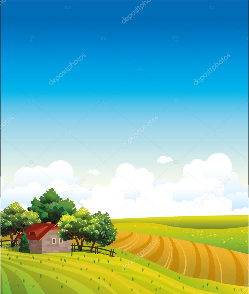 Landscape with house and green field