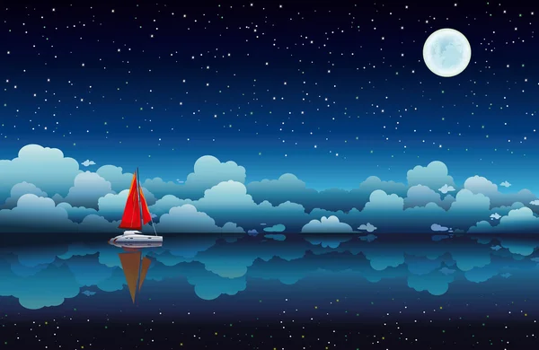 Sailing boat in a sea and night sky — Stock Vector