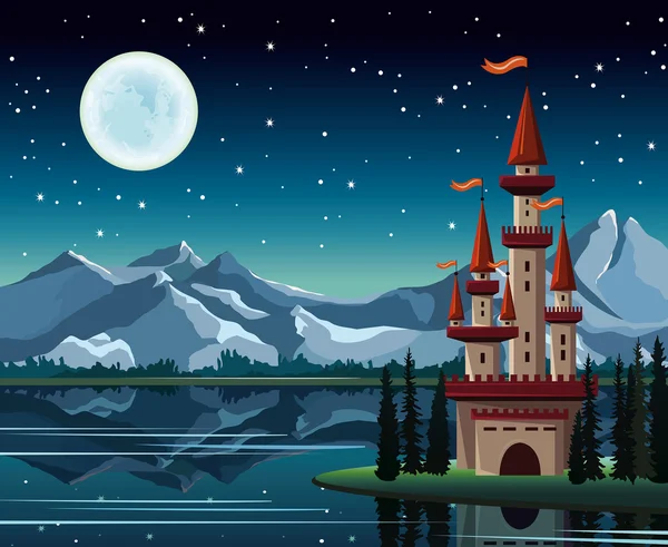 Malam berbintang dengan bulan purnama dan kastil - Stok Vektor