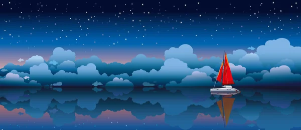 Velero en un mar y cielo nocturno — Vector de stock