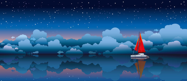 Sailing boat in a sea and night sky