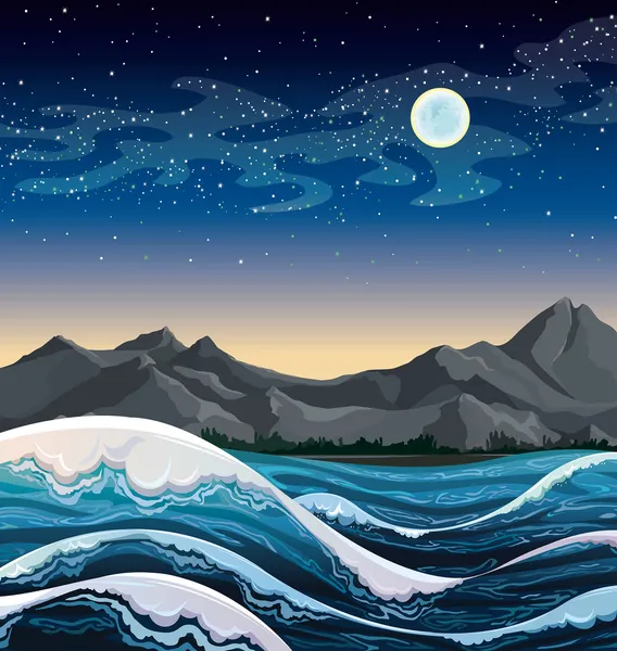 Mar con olas y cielo nocturno . — Vector de stock