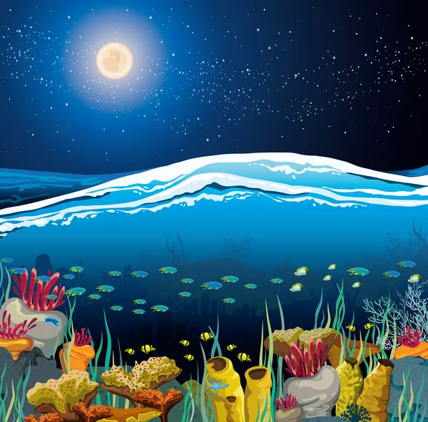 Meereslandschaft mit Unterwasserwesen und Nachthimmel — Stockvektor