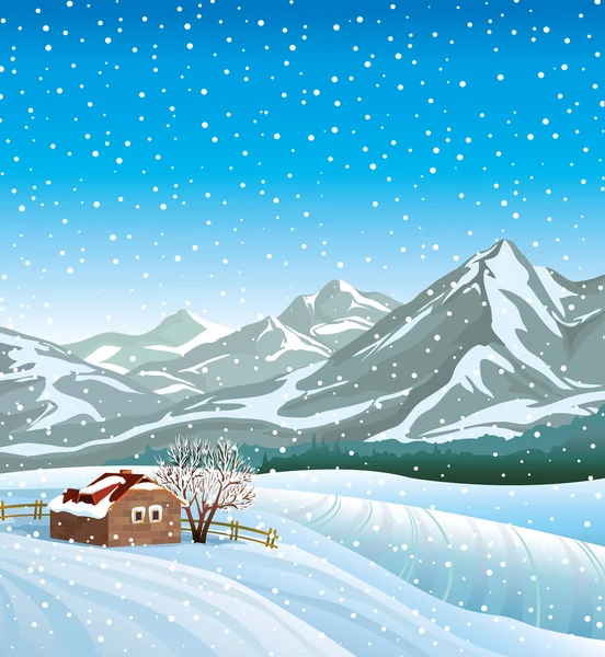 Winterlandschaft mit Hütte und Schneefall. — Stockvektor