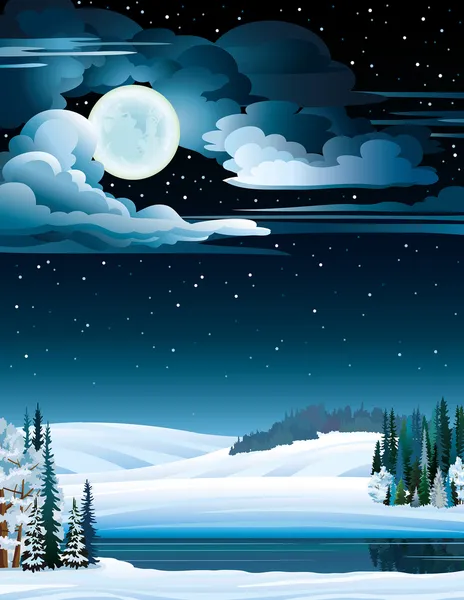 Paysage hivernal avec lac et pleine lune . — Image vectorielle