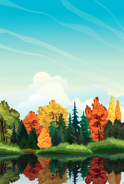 Autumn landscape with trees and lake. — Stock Vector