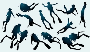 Set of divers and freedivers silhouette. clipart
