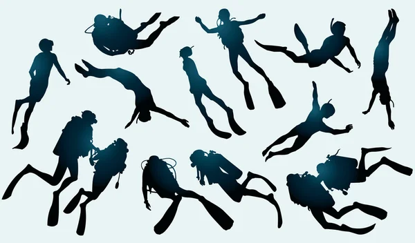 Ensemble de plongeurs et silhouette de freedivers . — Image vectorielle
