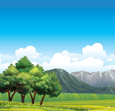 yeşil çayır amd çiçekli ağaçlar.