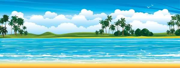 Paysage tropical avec palmiers et mer — Image vectorielle