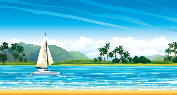 Paisaje tropical con yate — Vector de stock