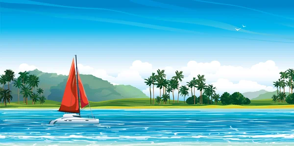 Yacht con vela res e paesaggio tropicale . — Vettoriale Stock