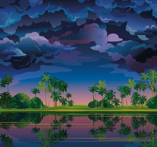 Paysage tropical avec palmiers et nuages orageux . — Image vectorielle