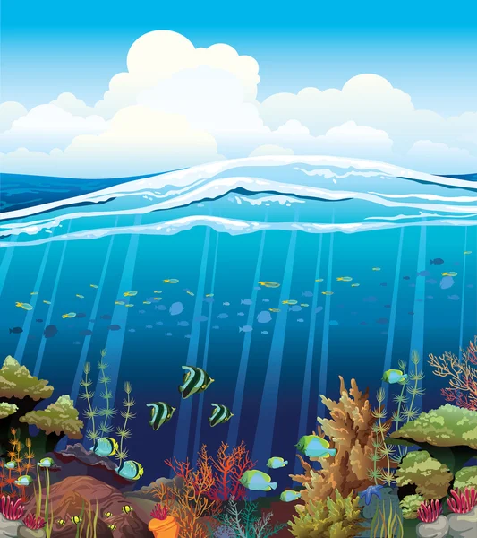 Barriera corallina con creature sottomarine . — Vettoriale Stock