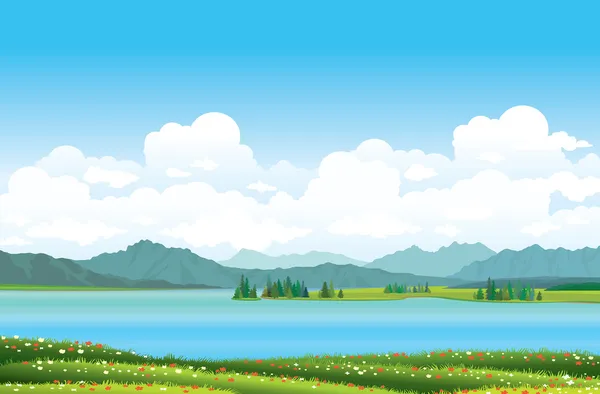 Paisaje natural con hierba y lago . — Vector de stock