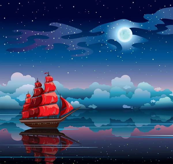 Paisaje marino nocturno con velero y cielo estrellado . — Vector de stock