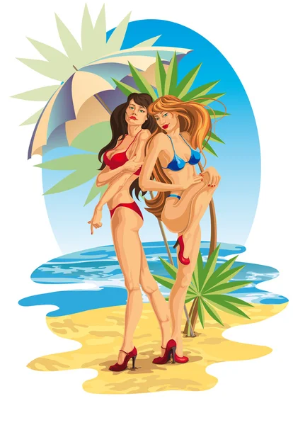 Dos chicas en la playa — Vector de stock