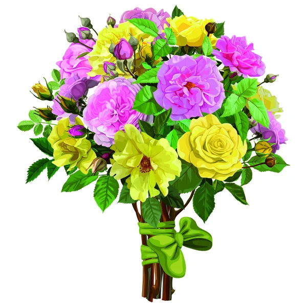 Bouquet de roses multicolores et de fleurs sauvages — Image vectorielle