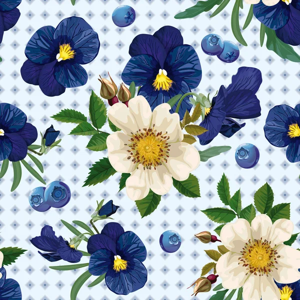 Seamless pattern of  the roses, the pansies and  the blue berrie — Stock Vector