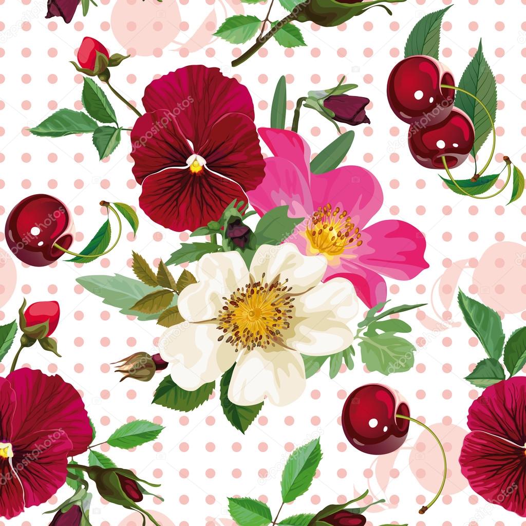 seamless pattern of  the roses, the pansies and  the cherries