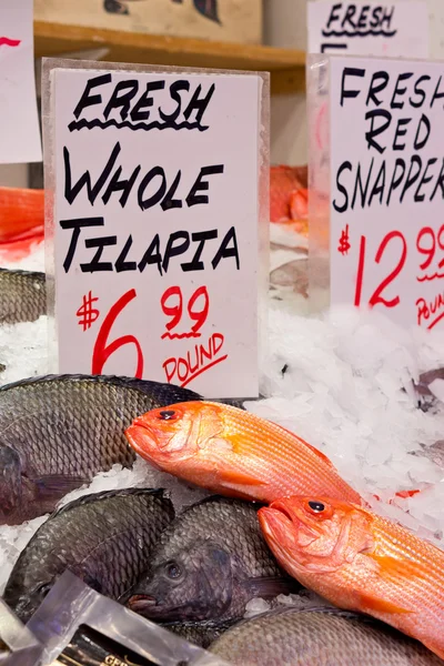 Fish with sign at Farmer's Market — Stock Photo, Image