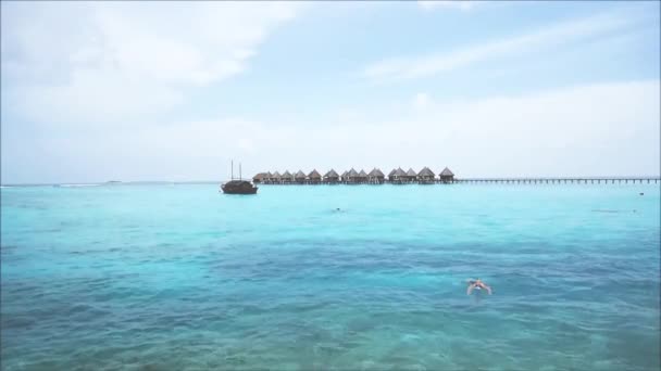 一名男子单人在马尔代夫蓝色海水中游泳 带着游泳面罩 背景为度假胜地的平房 木桥和马尔代夫风格的小船 — 图库视频影像