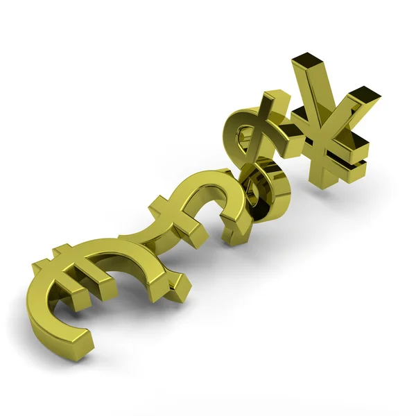 Valuta symboler dominoeffekt på vit, kris koncept — Stockfoto