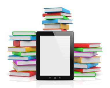 tablet PC önünde kitap yığınları