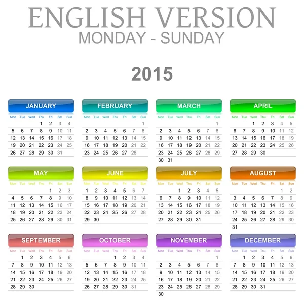 2015 takvim İngilizce versiyonu Pzt - Paz
