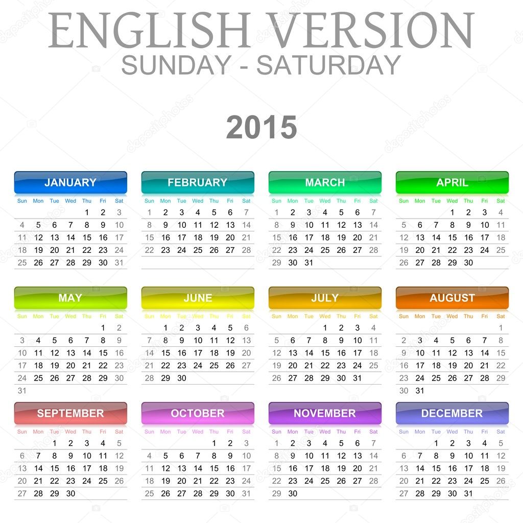 2015 calendar english language version sun sat stock photo monday through sunday calendar 2015
