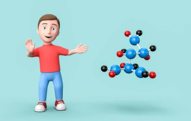 Mavi Arkaplanda Genç 3D Çizgi Film Karakteri ve Molekül