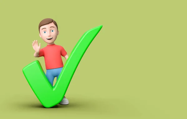 ( 영어 ) Young 3D Cartoon Character with Check Mark on Green Background with Copy Space — 스톡 사진