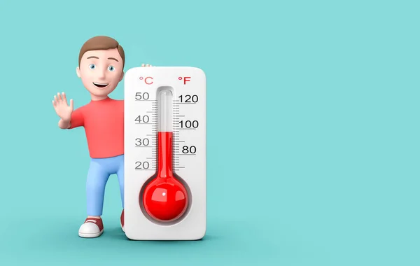 Jonge 3D stripfiguur met thermometer op blauwe achtergrond met kopieerruimte — Stockfoto