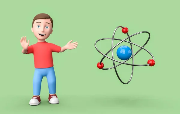 Giovane personaggio dei cartoni animati 3D e Atomo su sfondo verde con spazio di copia — Foto Stock