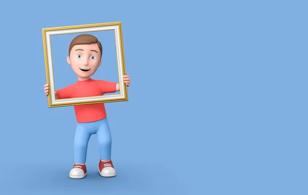 Personagem de desenhos animados 3D em uma moldura de imagem em fundo azul com espaço de cópia — Fotografia de Stock